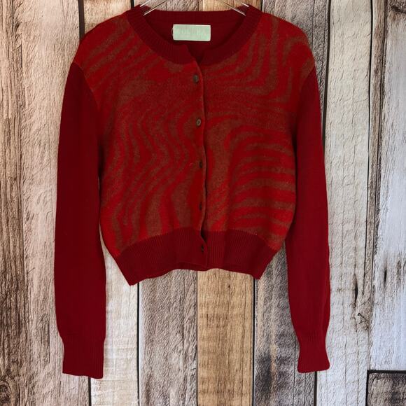 Roucha Cardigan Sweater Sun Swirl Crop Knit Artsy Arttowear Winter Fall Size D - Picture 1 of 11
